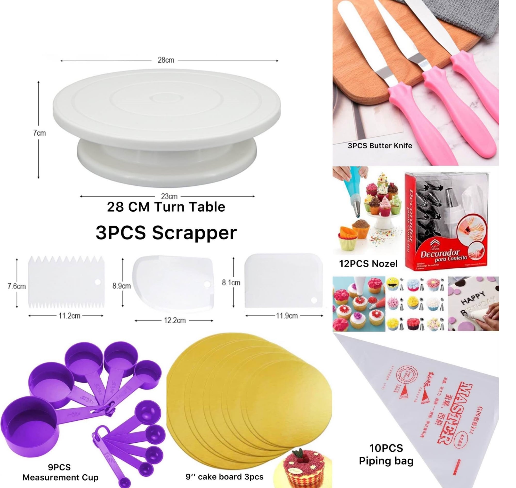 Picture of 7 A Combo Set Cake Decoration Turntable , 12 Pieces Steel Nozzle Set , 3 pieces planner , Measuring Spoon Set , 3 pieces Plastic Cream Scraper ,10 Pieces Pipping Bags & 3 pieces cake Board -Multicolor