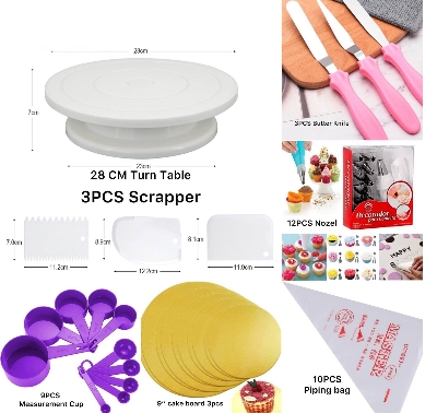 Picture of 7 A Combo Set Cake Decoration Turntable , 12 Pieces Steel Nozzle Set , 3 pieces planner , Measuring Spoon Set , 3 pieces Plastic Cream Scraper ,10 Pieces Pipping Bags & 3 pieces cake Board -Multicolor
