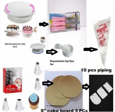 Picture of 7 A Combo Set Cake Decoration Turntable , 12 Pieces Steel Nozzle Set , 3 pieces planner , Measuring Spoon Set , 3 pieces Plastic Cream Scraper ,10 Pieces Pipping Bags & 3 pieces cake Board -Multicolor