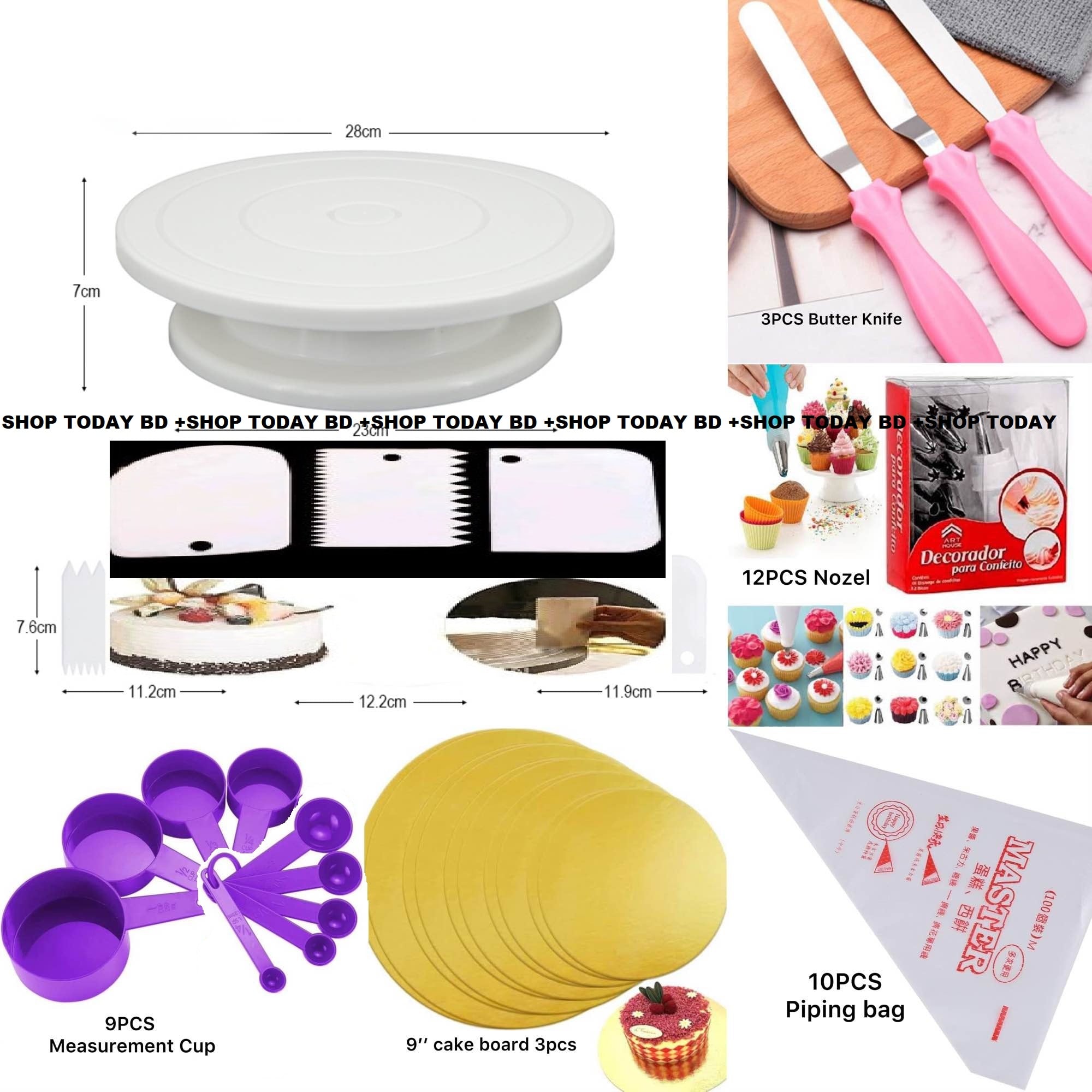Picture of 7 A Combo set of cake decoration tools includes a turntable, 12 steel nozzles, 3 planners, a measuring spoon set, 3 plastic cream scrapers, 10 piping bags, and 3 cake boards -Multicolor
