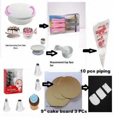 Picture of 7 A Combo set of cake decoration tools includes a turntable, 12 steel nozzles, 3 planners, a measuring spoon set, 3 plastic cream scrapers, 10 piping bags, and 3 cake boards -Multicolor