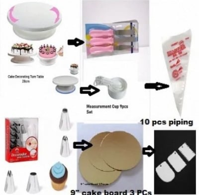 Picture of 7 A Combo set of cake decoration tools includes a turntable, 12 steel nozzles, 3 planners, a measuring spoon set, 3 plastic cream scrapers, 10 piping bags, and 3 cake boards -Multicolor
