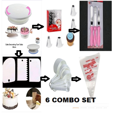 Picture of 6XC Cake Decoration Turntable , 12 Pieces Of Stainless Steel Nozzle Set , 3 pieces of cake planner , Measuring Spoon Cup Set , 3 pieces Plastic Cream Scraper & 10 Pieces Pipping Bags -Multicolor