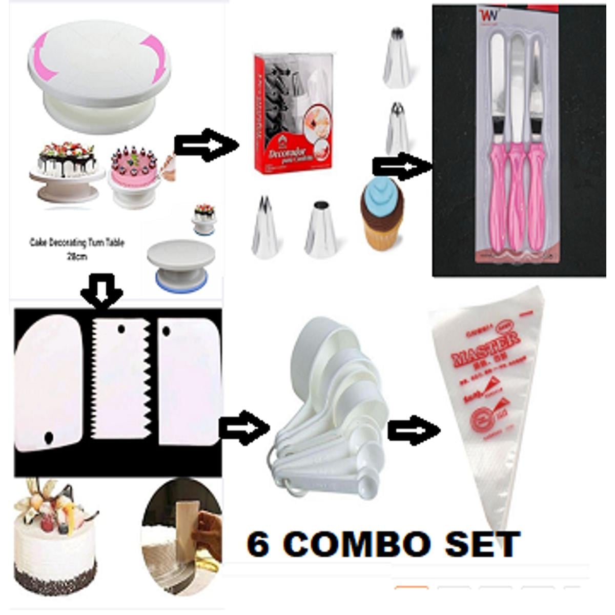 Picture of 6XC Cake Decoration Turntable , 12 Pieces Of Stainless Steel Nozzle Set , 3 pieces of cake planner , Measuring Spoon Cup Set , 3 pieces Plastic Cream Scraper & 10 Pieces Pipping Bags -Multicolor