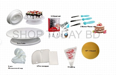 Picture of 7XA Set Cake Decoration Turntable , 12 Pieces Steel Nozzle Set , 3 pieces planner , Measuring Spoon Set , 3 pieces Plastic Cream Scraper ,10 Pieces Pipping Bags & 3 pieces cake Board -Multicolor