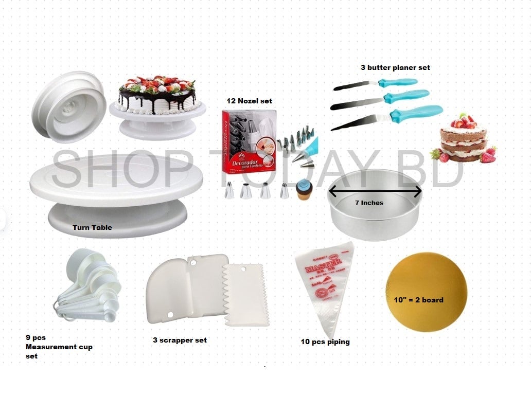 Picture of 8X 6c Combo Turn Table , 12 Deco Nozel , 3 Butter spread , 7" Round Mold , White M Cup set , 3 Scrapper , 10 piping Bag , 10" Cake Board 2 Pcs Combo -Multicolor