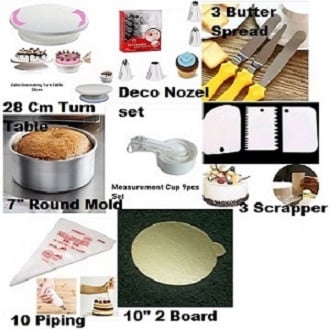 Picture of 8X 6c Combo Turn Table , 12 Deco Nozel , 3 Butter spread , 7" Round Mold , White M Cup set , 3 Scrapper , 10 piping Bag , 10" Cake Board 2 Pcs Combo -Multicolor