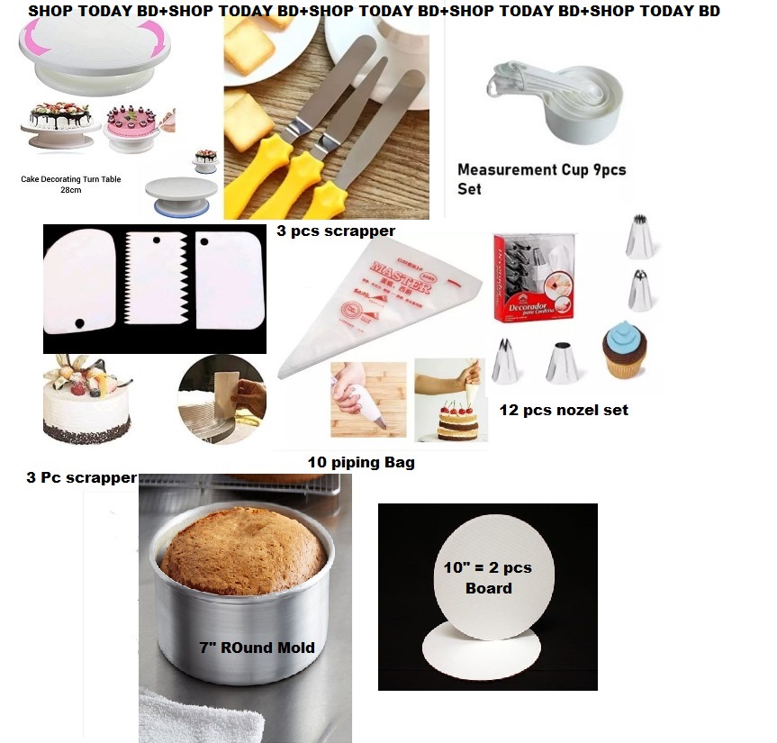 Picture of 8X 6c Combo Turn Table , 12 Deco Nozel , 3 Butter spread , 7" Round Mold , White M Cup set , 3 Scrapper , 10 piping Bag , 10" Cake Board 2 Pcs Combo -Multicolor