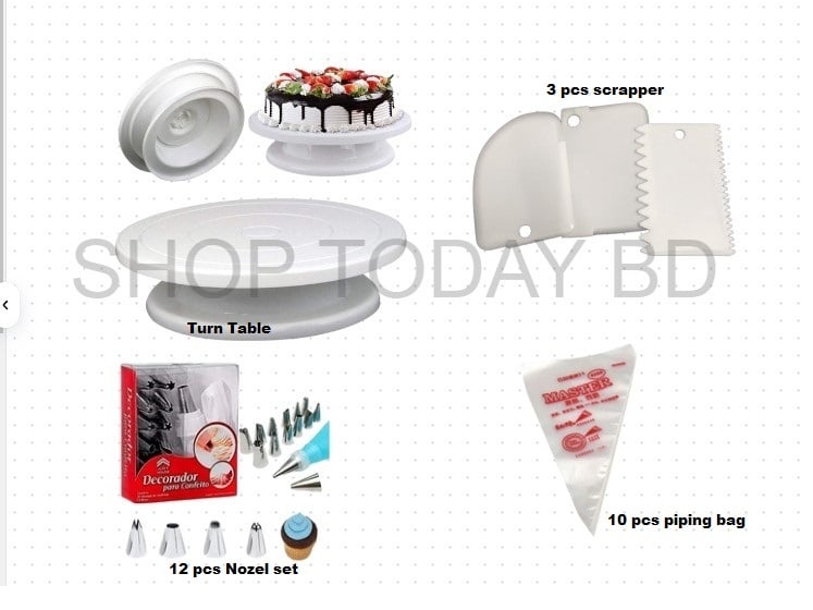 Picture of 4XP Cake Decorating Turntable - 28 cm +12 pieces Cake decoration Nozzle set + 10 Piping Bags + 3 pcs scrapper combo of 4 -Multicolor