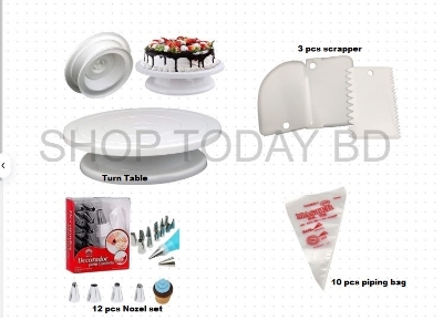Picture of 4XP Cake Decorating Turntable - 28 cm +12 pieces Cake decoration Nozzle set + 10 Piping Bags + 3 pcs scrapper combo of 4 -Multicolor