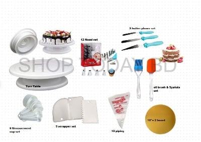 Picture of 8X  6C Combo Cake Turn Table + 12 & 3 Nozel Set + 3 Nife + 2 Oil Brush + 9 M set Cup + 3 Scrapper + 10" 2 Board + 10 Piping Bag Combo -Multicolor
