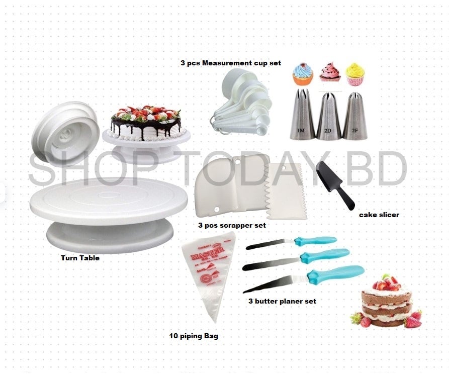 Picture of Cake Combo With 1m/2D/2F cake slicer Cake Decoration Turntable , , 3 pieces of cake planner , Measuring Spoon Cup Set , 3 pieces Plastic Cream Scraper & 10 Pieces Pipping Bags -Multicolor