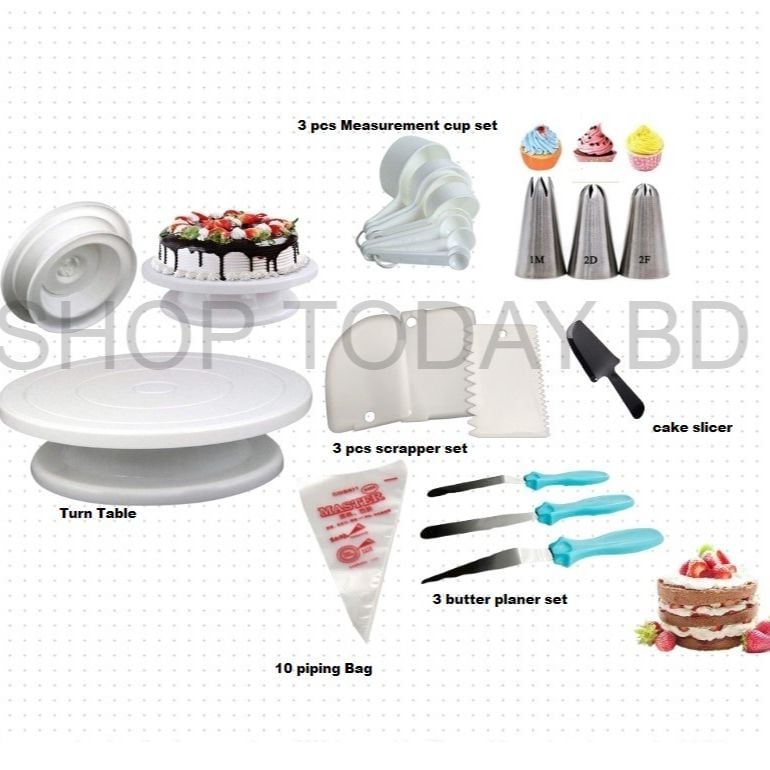 Picture of Cake Combo With 1m/2D/2F cake slicer Cake Decoration Turntable , , 3 pieces of cake planner , Measuring Spoon Cup Set , 3 pieces Plastic Cream Scraper & 10 Pieces Pipping Bags -Multicolor