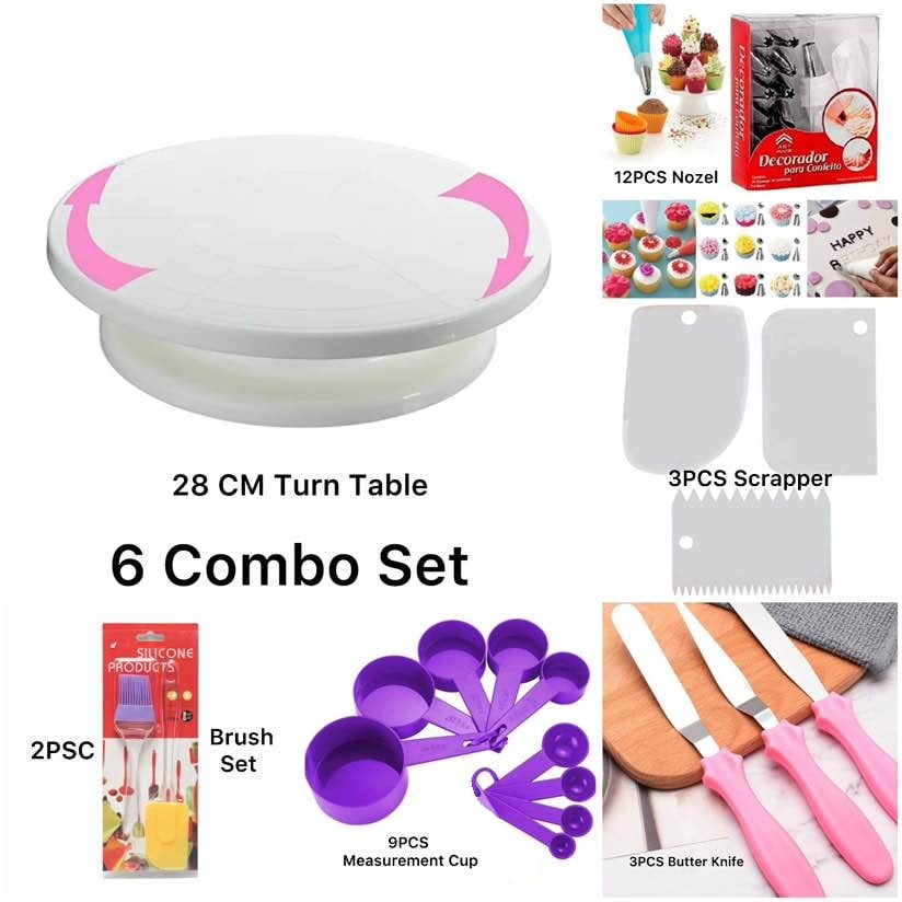 Picture of 6X Combo Set Decoration Turntable 28cm , 12 Pieces Of Stainless Steel Nozzle Set , 3 pieces of cake planner , Measuring Spoon Cup Set , 3 pieces Plastic Cream Scraper ,2 PCS Set Silicone Spoon and oil brush -Multicolor
