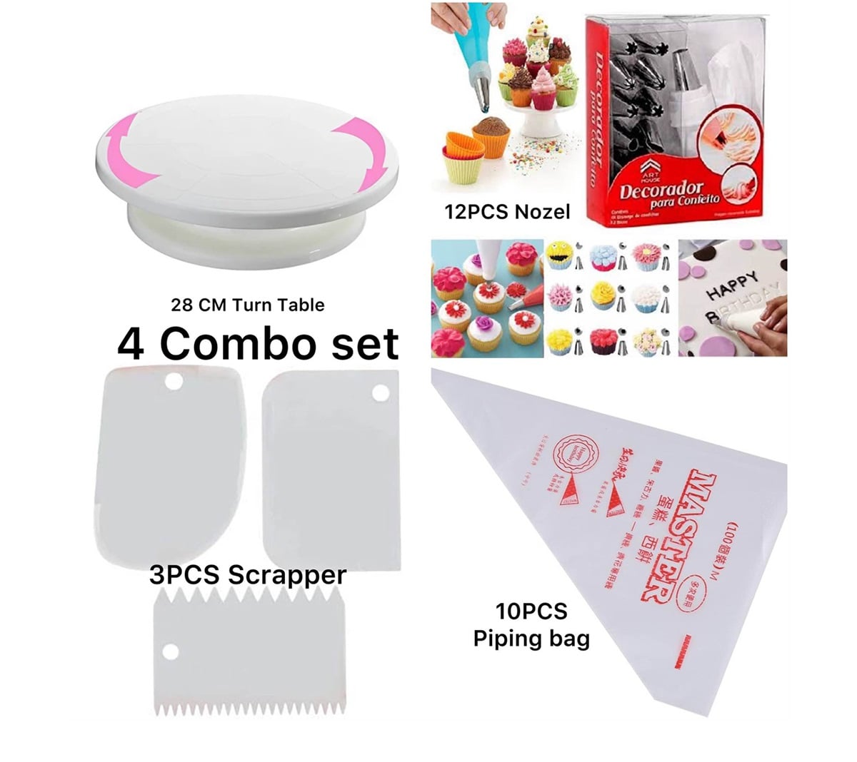 Picture of 4P Combo Set-Cake Decorating Turn Table 28cm,3Pcs scraper set,Plastic Piping Bags 10pcs,12 pieces cake decorating set frosting icing piping bag tips with steel nozzle reusable and washable Combo set -Multicolor