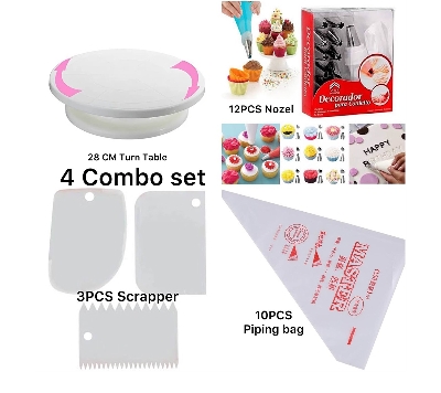 Picture of 4P Combo Set-Cake Decorating Turn Table 28cm,3Pcs scraper set,Plastic Piping Bags 10pcs,12 pieces cake decorating set frosting icing piping bag tips with steel nozzle reusable and washable Combo set -Multicolor