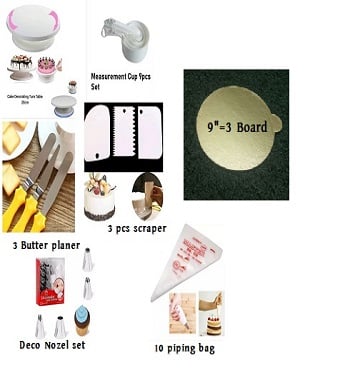 Picture of 7AAA Cake Combo Cake Decoration Turntable , 12 Pieces Nozzle Set , 3 pieces planner , Measuring Spoon Set , 3 pieces Plastic Cream Scraper ,10 Pieces Pipping Bag & 3 pieces cake Board -Multicolor
