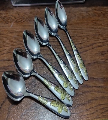 Picture of Stainless Steel Spoon Set - 6 Pcs Multi Design Silver with Golden Shadee -Silver