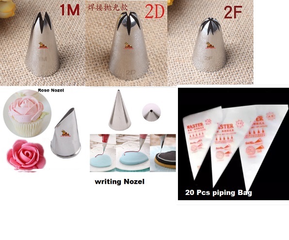 Picture of Nozel combo 1M , 2D , 2F , Rose Nozel , Writing Nozel plus 20 pieces Piping Bag  ( 5 pcs Nozel + 20 piping Bag ) by Shop Today Bd -Silver