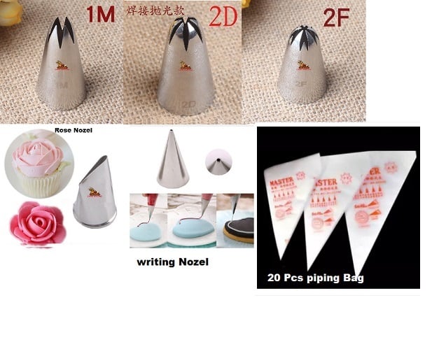 Picture of Nozel combo 1M , 2D , 2F , Rose Nozel , Writing Nozel plus 20 pieces Piping Bag  ( 5 pcs Nozel + 20 piping Bag ) by Shop Today Bd -Silver