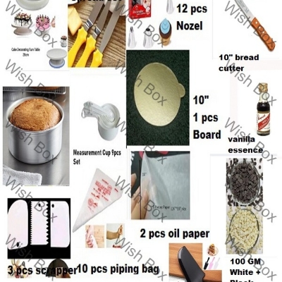 Picture of 14CCC Big Combo Turn table Deco Nozel set 3 Butter planer Measurement cup 9 pcs 3 scrapper set 10 pcs piping bag 7 Inches Alu round 10incehs 1 cake round board 2 pcs oil paper 10 Inches bread cutter vanilla essence white and black chips 100 gm cake slicer -Multicolor