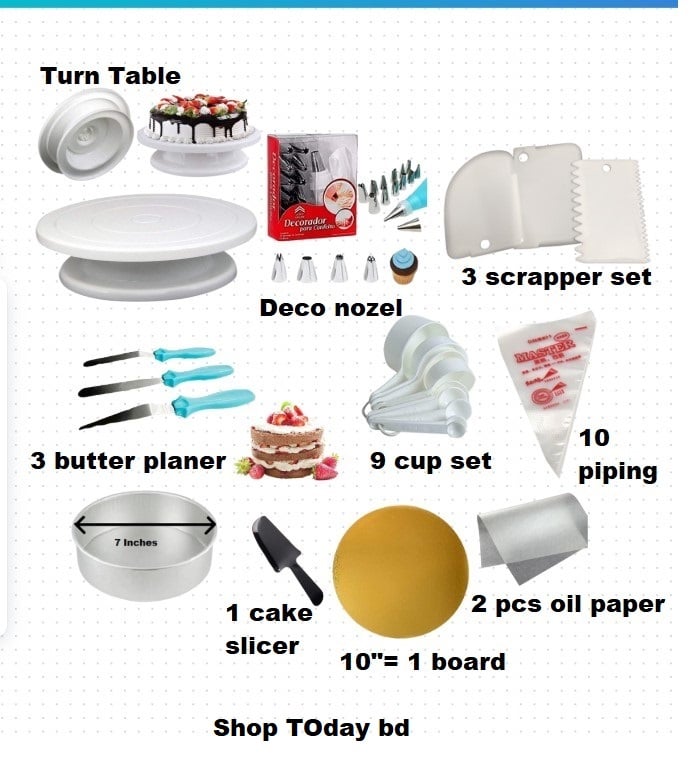 Picture of Combo Turn table, deco, 3 nife ,wmc ,scrapper, 10 piping, 7" Alu round, cake slicer, 10" 1 board ,oil paper 2 pcs -Multicolor