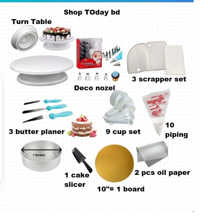 Picture of Combo Turn table, deco, 3 nife ,wmc ,scrapper, 10 piping, 7" Alu round, cake slicer, 10" 1 board ,oil paper 2 pcs -Multicolor