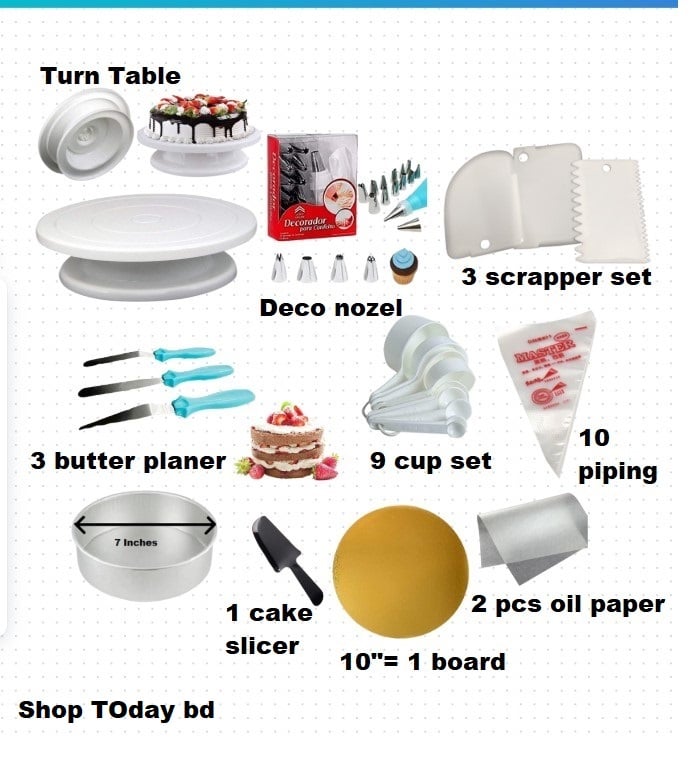 Picture of Combo Turn table, deco, 3 nife ,wmc ,scrapper, 10 piping, 7" Alu round, cake slicer, 10" 1 board ,oil paper 2 pcs -Multicolor