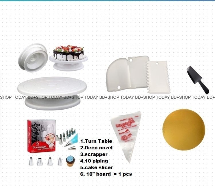 Picture of Turn Table with Deco 12 Pcs nozel  set with 3 scrapper set with 10 pipign bag with cake slicer with 10" board 1 pcs A1 -Multicolor