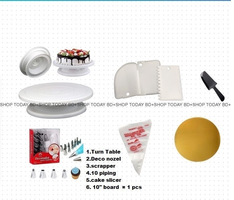 Picture of Turn Table with Deco 12 Pcs nozel  set with 3 scrapper set with 10 pipign bag with cake slicer with 10" board 1 pcs A1 -Multicolor