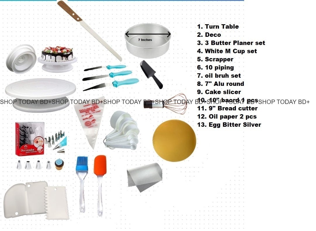 Picture of Turn table + Deco 12 Pcs nozel  set  + 3 butter Planer + white measurement cup set + scrapper + 10 piping bag + 7" ALu round + oil brush set+ Egg Bitter silver+10" board 1 pcs+ cake slicer + oil paper 2 Pcs  + 9" Bread cutter A9 -Multicolor