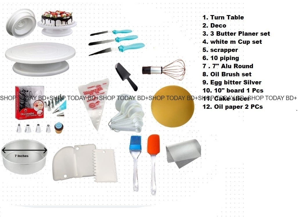 Picture of Turn table + Deco 12 Pcs nozel  set  + 3 butter Planer + white measurement cup set + scrapper + 10 piping bag + 7" ALu round + oil brush set+ Egg Bitter silver+10" board 1 pcs+ cake slicer + oil paper 2 Pcs  A8 -Multicolor