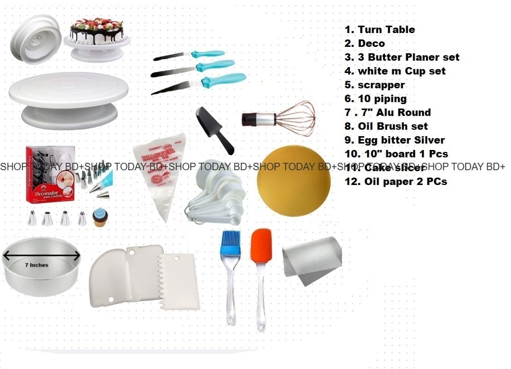 Picture of Turn table + Deco 12 Pcs nozel  set  + 3 butter Planer + white measurement cup set + scrapper + 10 piping bag + 7" ALu round + oil brush set+ Egg Bitter silver+10" board 1 pcs+ cake slicer + oil paper 2 Pcs  A8 -Multicolor