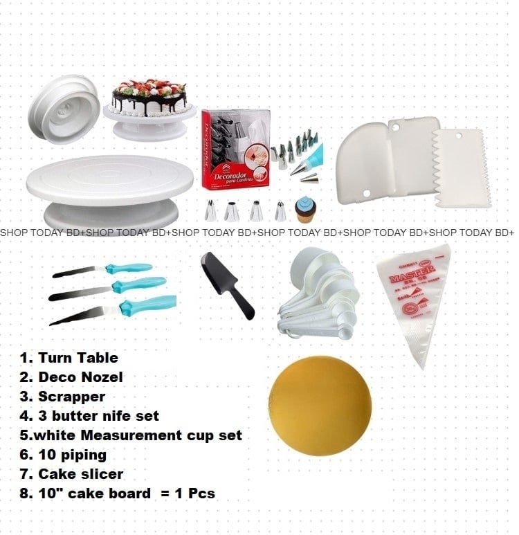 Picture of Turn table + Deco 12 Pcs nozel  set  + 3 butter Planer + white measurement cup set + scrapper + 10 piping bag + cake slicer + 10" board = 1 pcs A2 -Multicolor