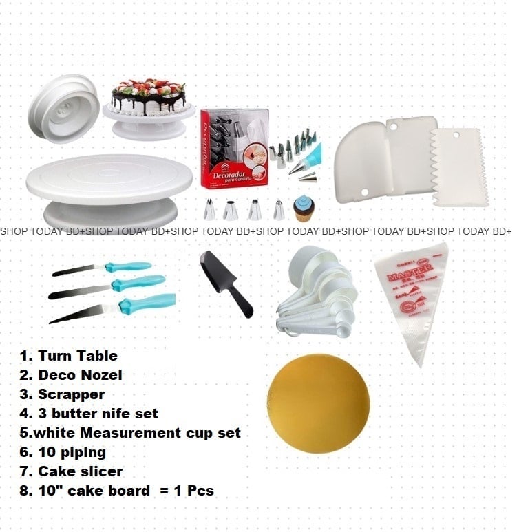Picture of Turn table + Deco 12 Pcs nozel  set  + 3 butter Planer + white measurement cup set + scrapper + 10 piping bag + cake slicer + 10" board = 1 pcs A2 -Multicolor