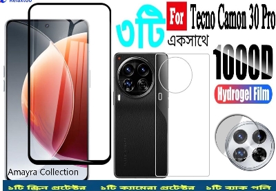 Picture of 3in1 Protector Combo Pack for Tecno Camon 30 Pro (Premium Full Screen Protector Glass + Back Hydrogel Protector Poly + Camera Lens Protector)