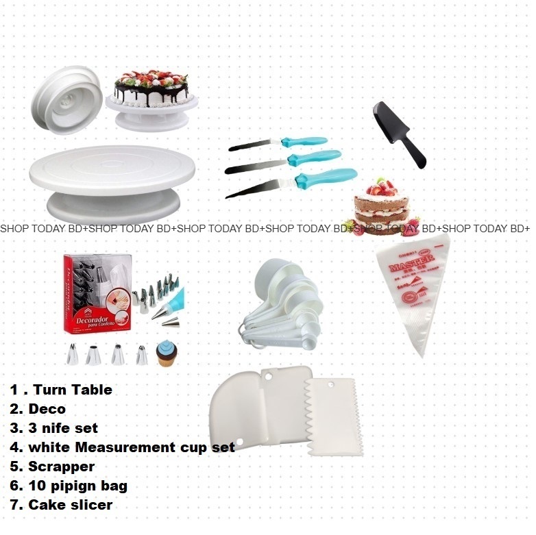 Picture of Turn table + Deco 12 Pcs nozel  set  + 3 butter Planer + white measurement cup set + scrapper + 10 piping bag + cake slicer A3 -Multicolor