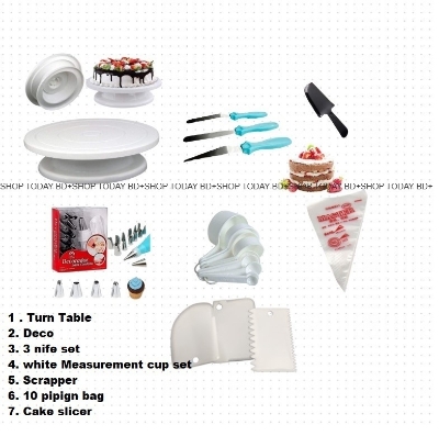 Picture of Turn table + Deco 12 Pcs nozel  set  + 3 butter Planer + white measurement cup set + scrapper + 10 piping bag + cake slicer A3 -Multicolor