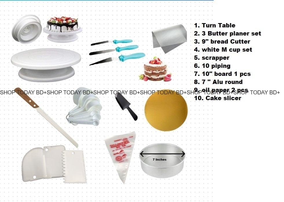 Picture of Turn Table + 3 Butter planer set + 9" bread cutter + white M cup set + scrapper set + 10 piping + 10"board 1 pcs + 7" ALu round + oil paper 2 pcs + cake slicer  A6 -Multicolor