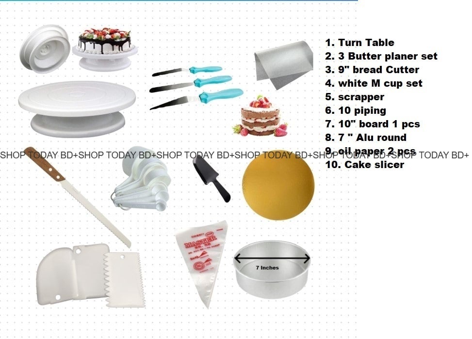 Picture of Turn Table + 3 Butter planer set + 9" bread cutter + white M cup set + scrapper set + 10 piping + 10"board 1 pcs + 7" ALu round + oil paper 2 pcs + cake slicer  A6 -Multicolor