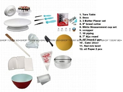 Picture of Turn table + Deco 12 Pcs nozel  set  + 3 butter Planer + white measurement cup set + scrapper + 10 piping bag +  9" Bread cutter + cake slicer+ 10" board 1 pcs + 7" ALu round + Red mix bowl+ oil paper 2 pcs A7 -Multicolor