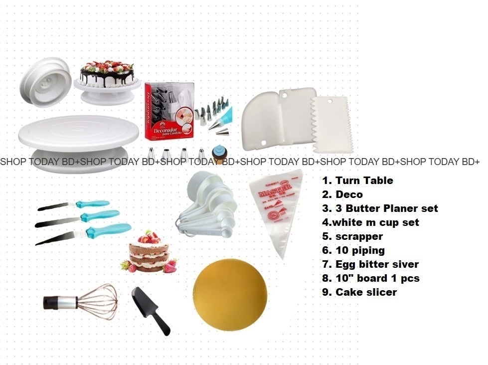 Picture of Turn table + Deco 12 Pcs nozel  set  + 3 butter Planer + white measurement cup set + scrapper + 10 piping bag +Egg bitter silver + 10" board 1 Pcs + cake slicer  A5 -Multicolor