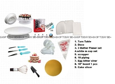 Picture of Turn table + Deco 12 Pcs nozel  set  + 3 butter Planer + white measurement cup set + scrapper + 10 piping bag +Egg bitter silver + 10" board 1 Pcs + cake slicer  A5 -Multicolor