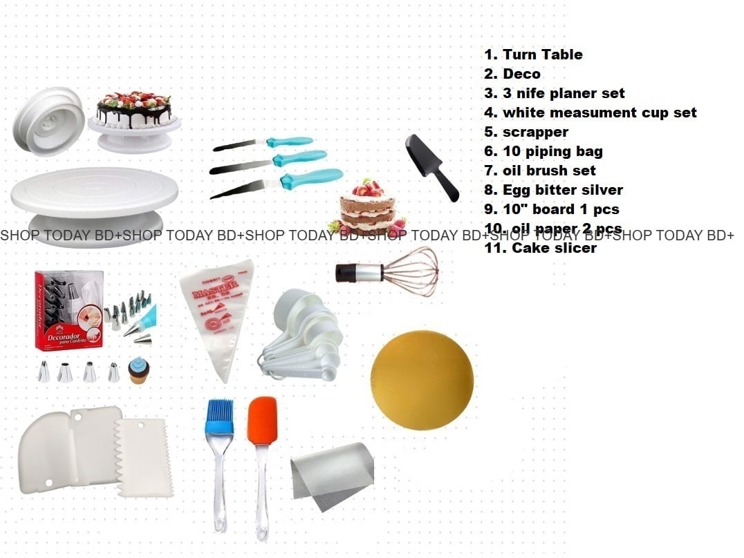 Picture of Turn table + Deco 12 Pcs nozel  set  + 3 butter Planer + white measurement cup set + scrapper + 10 piping bag + oil brush set + Egg bitter silver + 10" board 1 pcs + oil paper 2 pcs + cake slicer  A4 -Multicolor