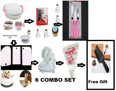 Picture of 6C with free cake slicer   Cake Decoration Turntable , 12 Pieces Of Stainless Steel Nozzle Set , 3 pieces of cake planner , Measuring Spoon Cup Set , 3 pieces Plastic Cream Scraper & 10 Pieces Pipping Bags -Multicolor