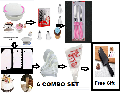 Picture of 6C with free cake slicer   Cake Decoration Turntable , 12 Pieces Of Stainless Steel Nozzle Set , 3 pieces of cake planner , Measuring Spoon Cup Set , 3 pieces Plastic Cream Scraper & 10 Pieces Pipping Bags -Multicolor