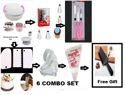 Picture of 6C With Free 1 pcs Cake slicer  Set Of Cake Decoration Turntable , 12 Pieces Of Stainless Steel Nozzle Set , 3 pieces of cake planner , Measuring Spoon Cup Set , 3 pieces Plastic Cream Scraper & 10 Pieces Pipping Bags -Multicolor