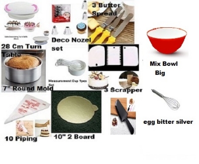 Picture of 11C Combo of Turn Table 12 Deco Nozel 3 Butter spread  7" Round Mold White M Cup set 3 Scrapper 10 piping Bag 10" Cake Board 2 Pcs  Big  Mix bowl  Hand Egg bitter silver cake slicer -Multicolor
