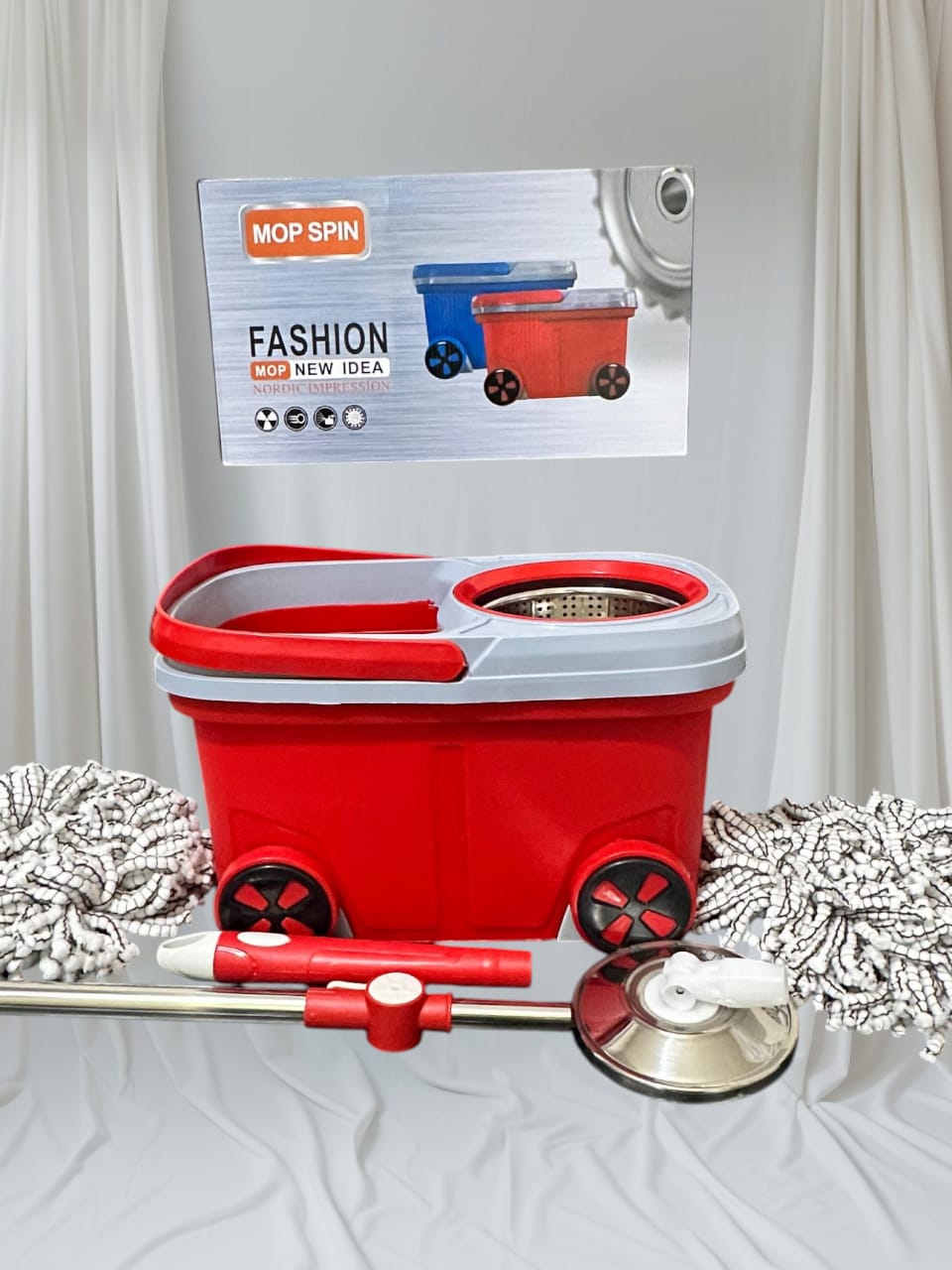 Picture of 360 Rotating Spin Mop with Bucket BMW Floor Cleaning Mop (Blue & Red) with 1 Extra Cleaning Fiber Round Duster -Multicolor