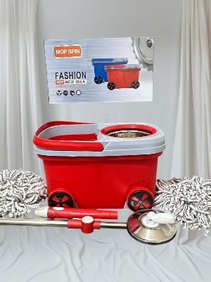 Picture of 360 Rotating Spin Mop with Bucket BMW Floor Cleaning Mop (Blue & Red) with 1 Extra Cleaning Fiber Round Duster -Multicolor